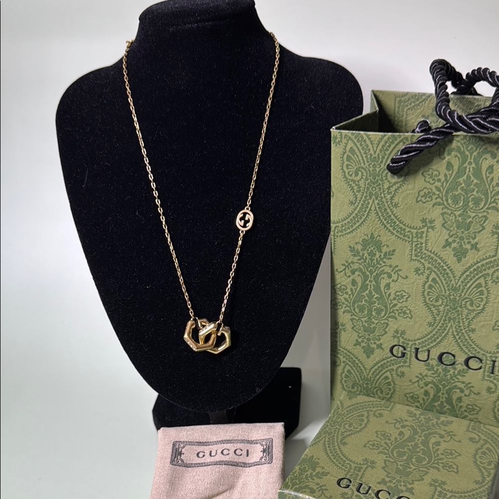 Gucci Gold GG Logo Necklace with Cloth Pouch, Box, & Shopping Bag